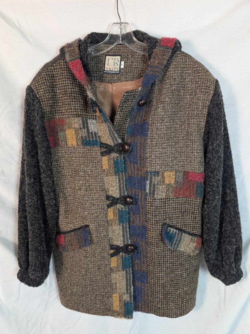 VTG Women's S Wool Hooded Blanket Coat Artsy Patchwork Boho Lagenlook Y2K